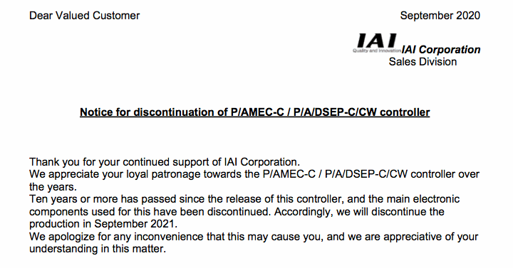 Notice of Discontinuation for PMEC/AMEC-C, PSEP/ASEP/DSEP-C controllers