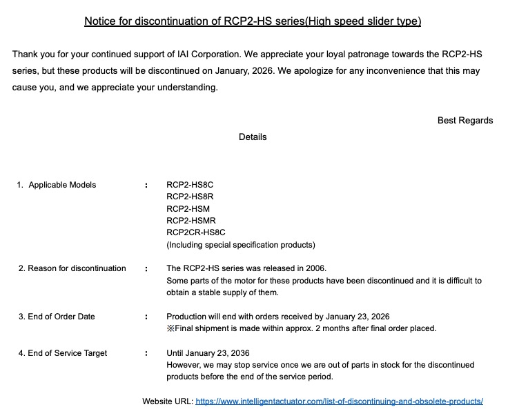 Notice for discontinuation of RCP2-HS series (High-speed Slider Type)